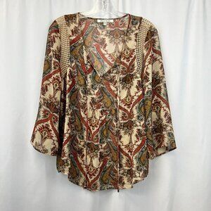 Black Rainn Womens Multicolor Paisley V-Neck 3/4 Sleeve Blouse Top Size M